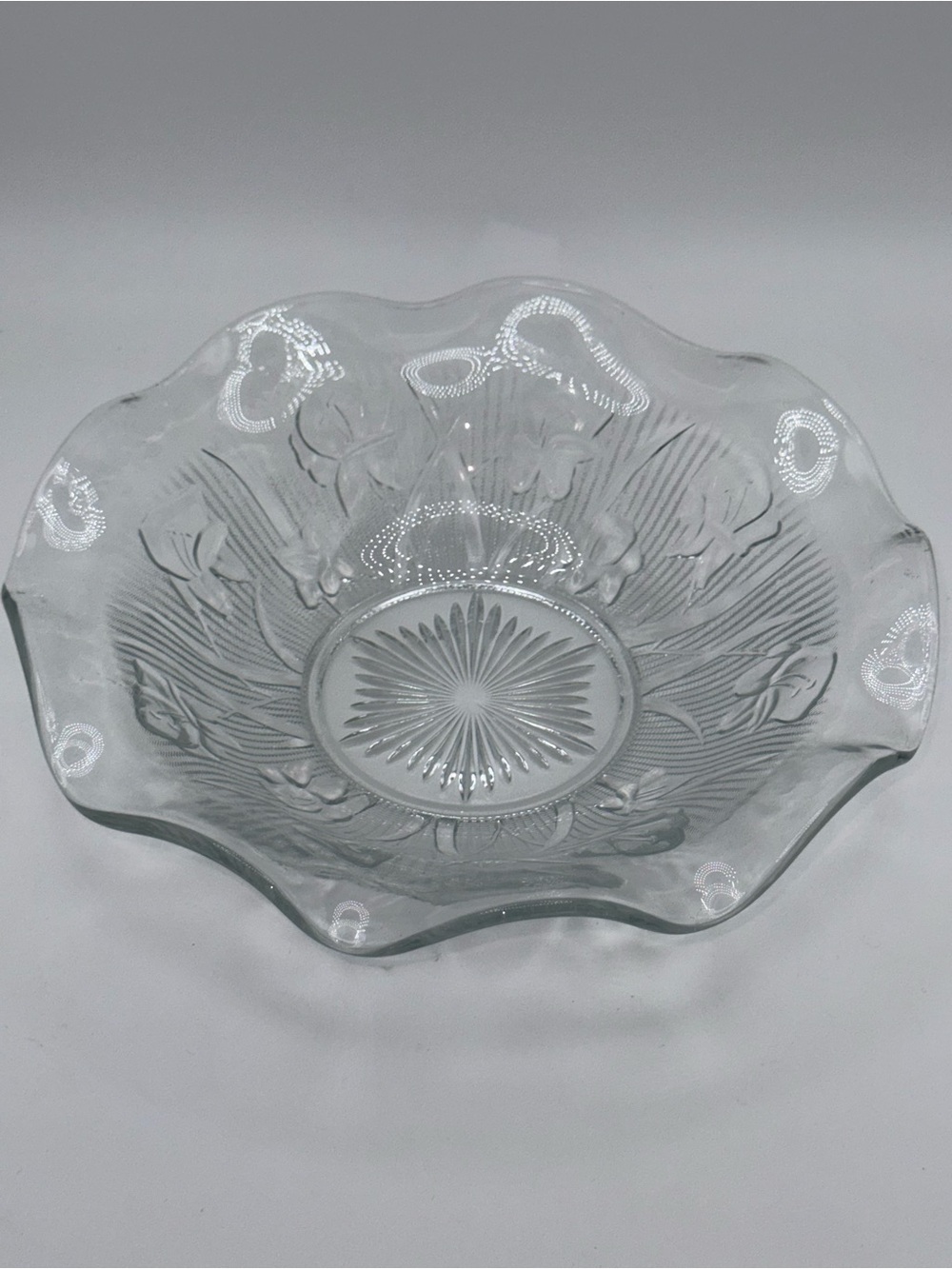 Iris & Herringbone Vintage Scalloped Pressed Glass Decorative Bowl - Clear
